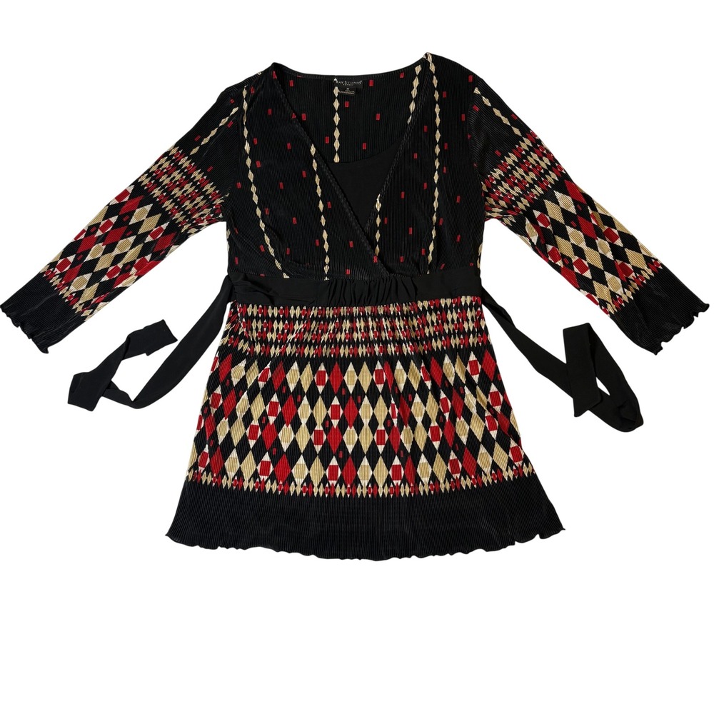 Bay Studio Career Womens Harlequin Diamond Pleated Tunic Top Red Black Medium
